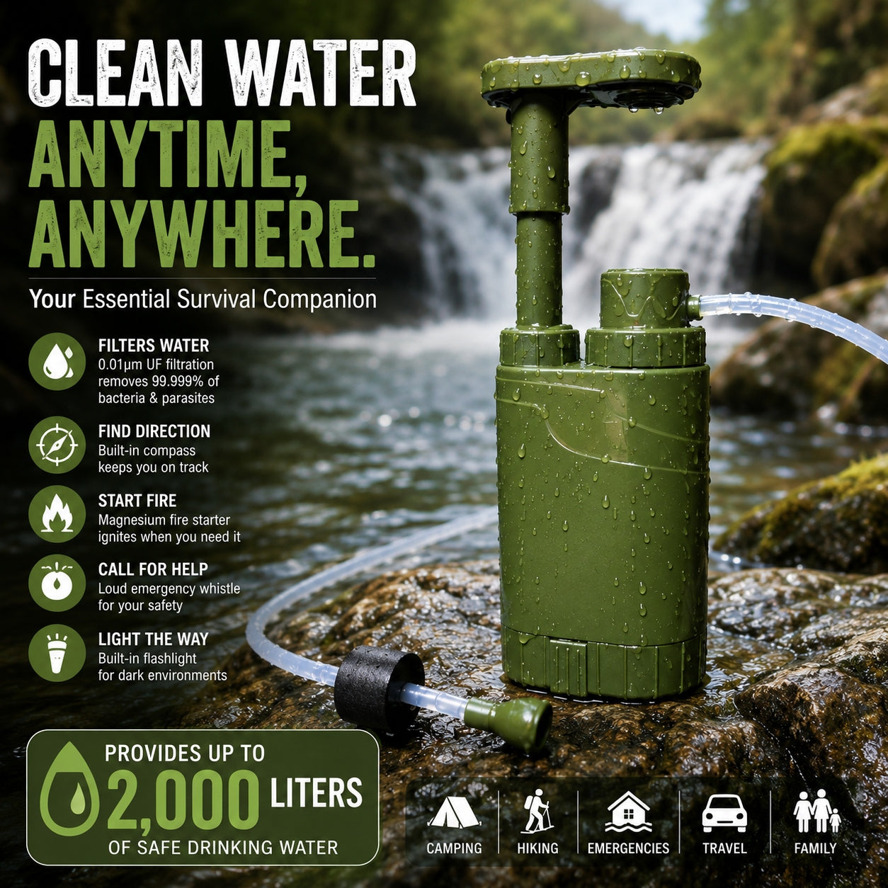 StayAlive™ 5-in-1 Survival Water Filter | Emergency & Outdoor Water Purification System