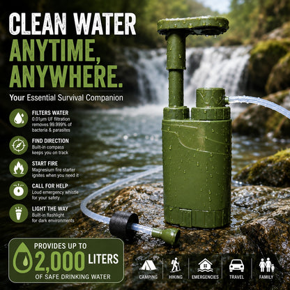 StayAlive™ 5-in-1 Survival Water Filter | Emergency & Outdoor Water Purification System